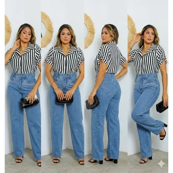 Camisa Feminina Duna Listrada De Manga Curta tecido macio e de qualidade elegante