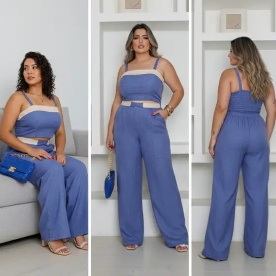Conjunto Plus Size Feminino Calça Com Cropped Tecido Duna Linho Elástico Na Cintura E lastex Nas costas