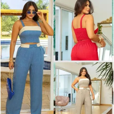 Conjunto Feminino calça Com Cropped Tecido Duna Linho Elastico Na Cintura E lastex Nas costas