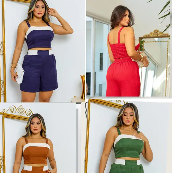 Conjunto Feminino Shorts e Cropped Tecido duna linho con elastico na cintura e forrado con bojo lastex nas costas