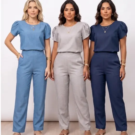 Conjunto Feminino Tecido Duna Linho Calça Forrado E Com Elastico Nas Costas