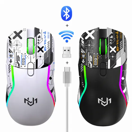 Mouse Gamer Sem Fio 2.4GHz + Bluetooth 5.0 RGB Recarregável