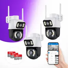 Kit 3 Camera Externa Ip Wifi Ptz 4K Icsee 8mp Segurança Dupla 360 Rotação Prov Dágua C/ Visão Noturna + 3 Cartão SD 64GB