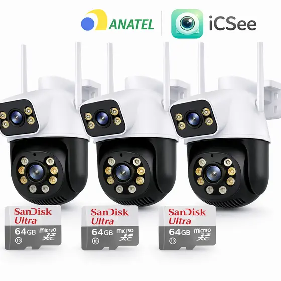 Kit 3 Câmera ip WiFi 8MP iCSee Externa PTZ 360° Segurança Dupla  Prova D'Água Visão Noturna + 3 64GB