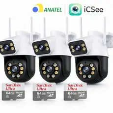 Kit 3 Câmera ip WiFi 8MP iCSee Externa PTZ 360° Segurança Dupla  Prova D'Água Visão Noturna + 3 64GB
