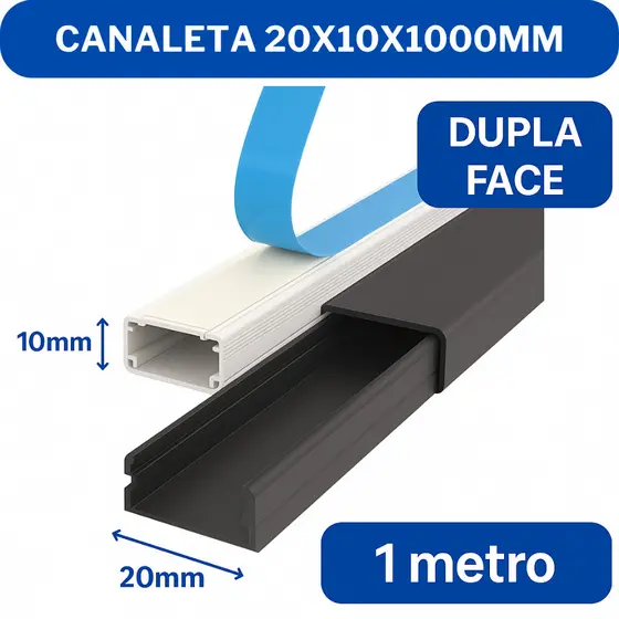 Kit de Canaleta 20x10mm com Adesivo Dupla Face para Organização De Fios e Cabos