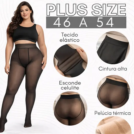 Meia-Calça Térmica Translúcida Peluciada Feminina Alta Elasticidade Plus Size 3XL/4XL 44-50 Inverno Super Quente