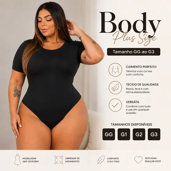 Body Feminino Manga Curta Decote Redondo com Fecho Plus Size Curve