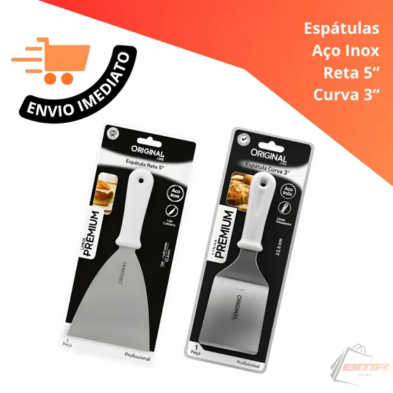 Espátula Em Aço Inox Reta 5" Curva 3" Original Para Cozinha Chapeiro Lanchonete Confeitaria Sobremesas