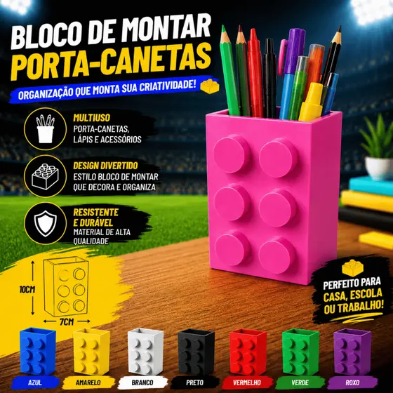 Porta Canetas em Plástico Premium Ecológico Formato Bloco de Montar Organizador Moderno e Criativo