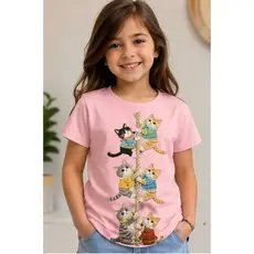 Camiseta Infantil Gatinhos Fofo Meninas Manga Curta Confortavel Top