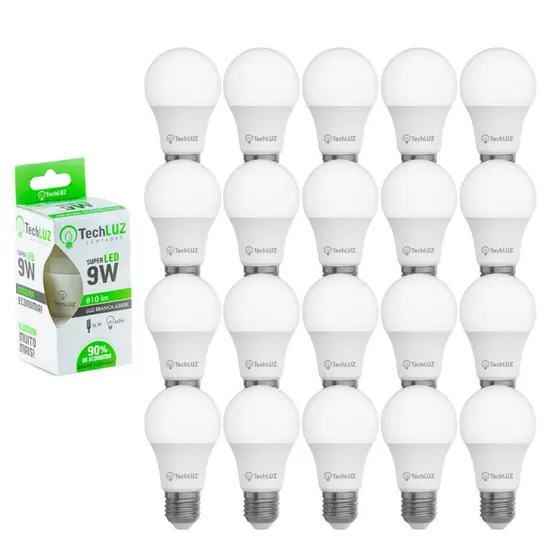 Kit Lâmpada Led Bulbo 9W 6500K 25.000 Horas Pack 20 Unidades Techluz