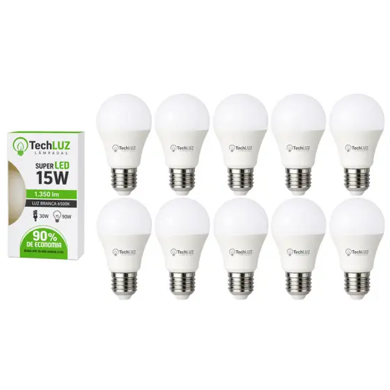 Kit Lâmpada Led Bulbo 15W 6500K Pack 10 Unidades Techluz