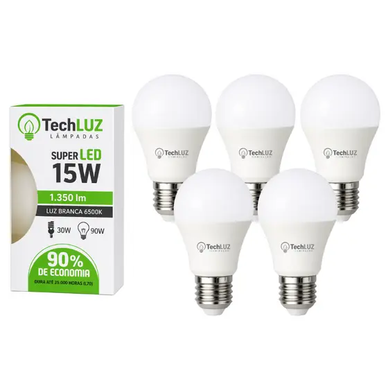 Kit Lâmpada Led Bulbo 15W 6500K Pack 5 Unidades Techluz