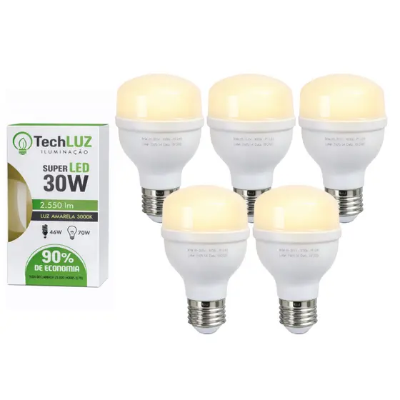 Lâmpada Led Bulbo 30W 3000K Luz Amarela Pack 5 Unidades Techluz