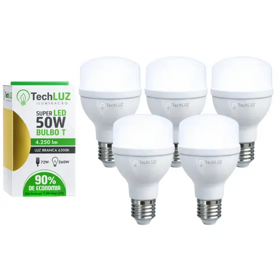 Kit Lâmpada Led Bulbo 50W 6500K Pack 5 Unidades Techluz