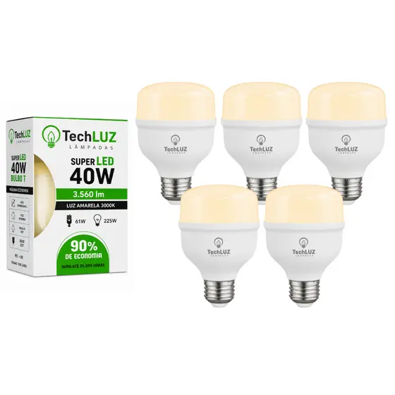Kit Lâmpadas Led Bulbo Luz Amarela 40W 3000K 5 Unidades Techluz