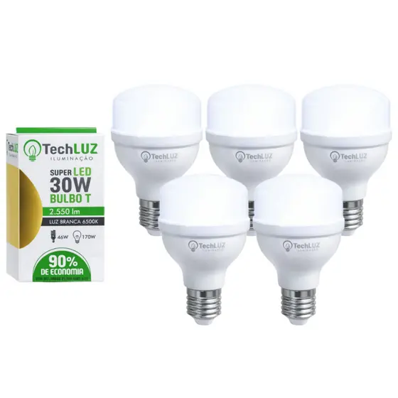 Kit Lâmpada Led Bulbo 30W 6500K Pack 5 Unidades Techluz