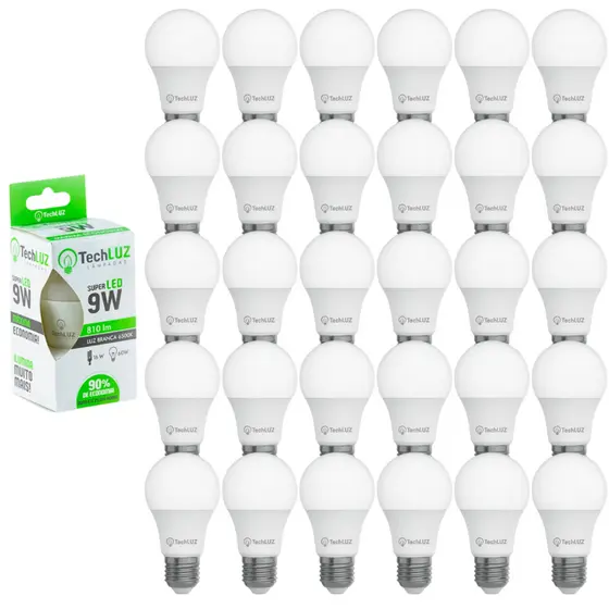 Kit Lâmpada Led Bulbo 9W 6500K Pack 30 Unidades Techluz