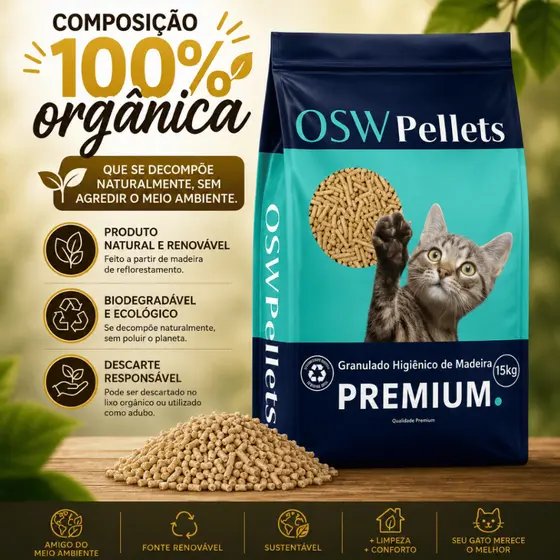 Areia p/Gatos Granulado Madeira Natural 15KG Reflorestamento Pinus Gato - Envio Imediato