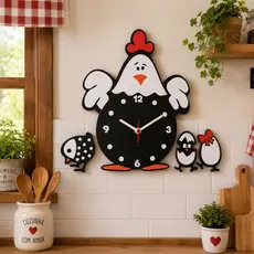 Relógio de Parede Decorativo Galinha Com Pintinhos Cozinha Temático Divertido Mdf Galinha da Angola