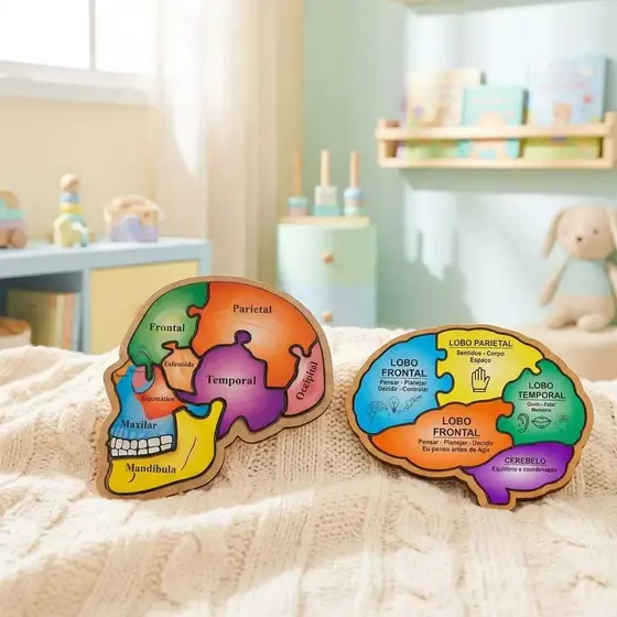 Kit 2 Quebra Cabeças Cérebro Crânio Humano Educativo Infantil Pedagógico Em Mdf