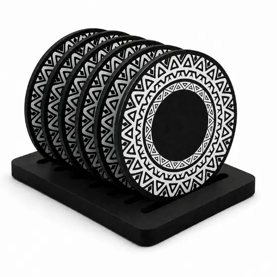 Porta Copos Decorado 6 Unidades Suporte em MDF com Arabesco 9cm Descanso para Copos Preto Cru