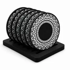 Porta Copos Decorado 6 Unidades Suporte em MDF com Arabesco 9cm Descanso para Copos Preto Cru