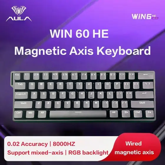 Teclado Mecânico Magnético AULA Win 60HE Preto – Personalização DIY, Jogos FPS, RGB
