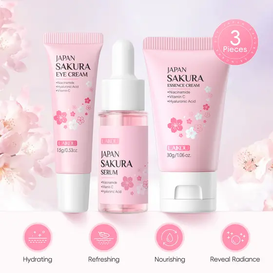  LAIKOU Sakura Sérum Facial para Cuidados com a Pele Clareador de Manchas Creme para Apertar Poros Hidratante 3 peças