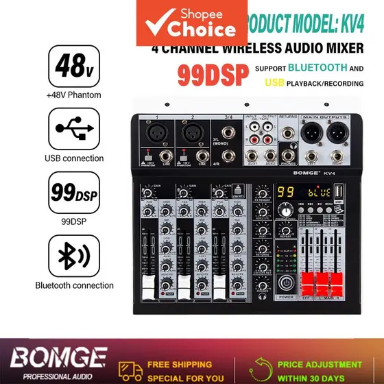 BOMGE KV4 Mesa de Som Console de Interface de Áudio de 4 Canais com Efeitos de Reverberação 99 DSP +48V Phantom