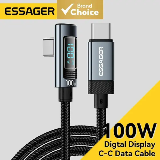  Cabo USB2.0 C para Tipo C Essager PD 100W Cotovelo Display Digital E-Marker USBC Carregamento Rápido Cabo de Dados para