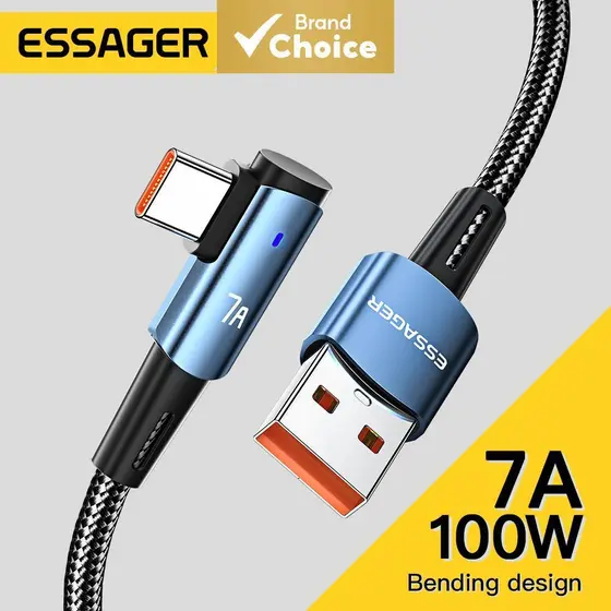 Essager 7A Cabo USB Tipo C 90 Graus Para OPPO 100W Carregamento Rápido Para Honor Huawei OnePlus Realme Carregador