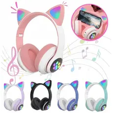Headset Bluetooth Sem Fio Orelha de Gato com Luz LED Dobrável para Celular e PC