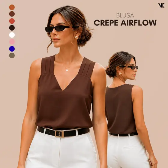 Regata Feminina Básica Crepe AirFlow Duna Dia a Dia Alça Larga Moda Verão Causal Elegante Gola V Forrada