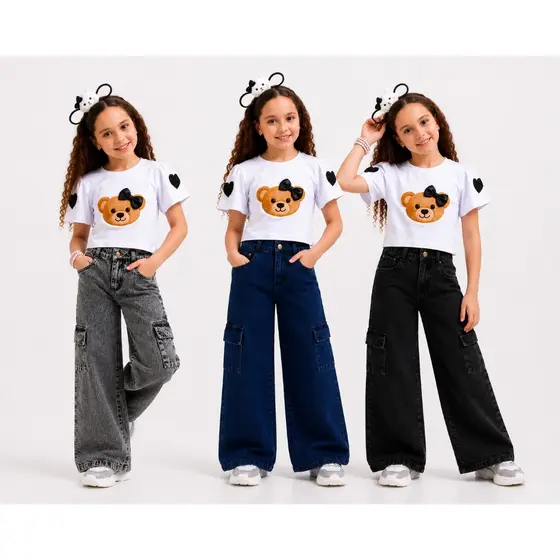 Calça Cargo Jeans Infantil e Juvenil Feminina Wide Leg Premium Jeans com Regulador grafite marmorizado e azul