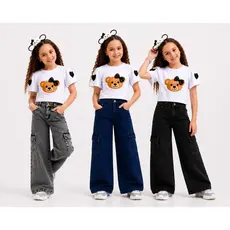 Calça Cargo Jeans Infantil e Juvenil Feminina Wide Leg Premium Jeans com Regulador grafite marmorizado e azul