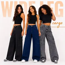 Calça Cargo Jeans Infantil e Juvenil Feminina Wide Leg Premium Jeans com Regulador grafite marmorizado e azul