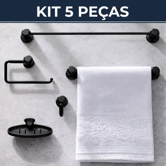 Kit Banheiro Acessórios 5 Peças Completo Toalheiro Saboneteira Decoração Preto Branco Cromado Decor