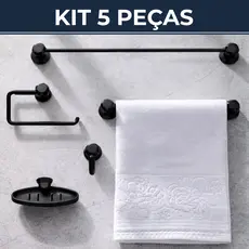 Kit Banheiro Acessórios 5 Peças Completo Toalheiro Saboneteira Decoração Preto Branco Cromado Decor