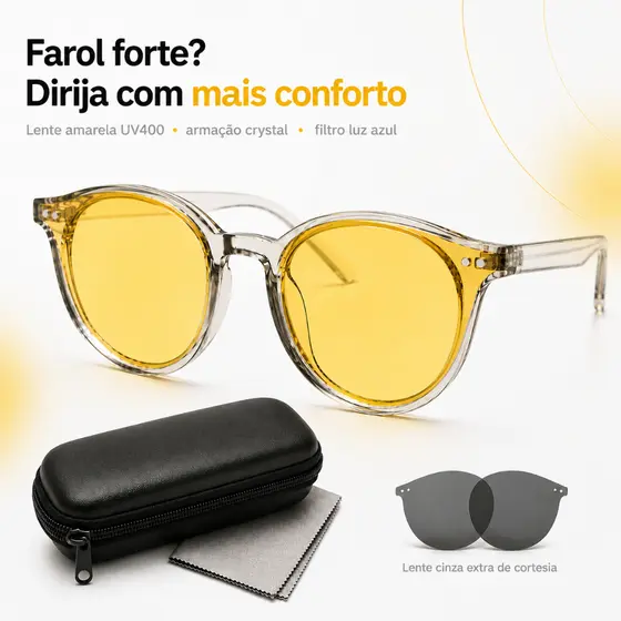 Óculos Night Drive Lente Amarela UV400 Para Dirigir à Noite Anti Farol Armação Transparente Anti Luz Azul Com Estojo