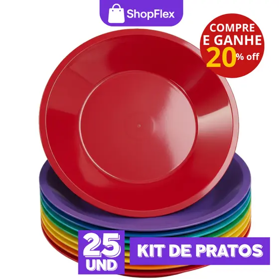 Kit 25 Pratos Fundos de Plástico Redondo Refeiçao Escolar P/ Crianças Eventos