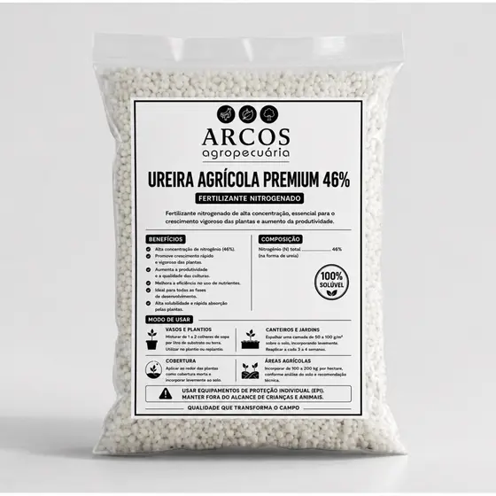Ureia Agrícola Premium 46% Adubo Fertilizante Nitrogenado 100% Solúvel para Plantas, Jardim, Horta e Gramado