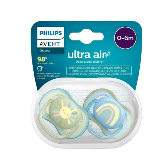 Chupeta Ultra Air Dupla 0 a 6 Meses Decorada Azul e Verde Philips Avent (SCF085/58)