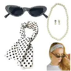 Kit Anos 50 E 60 Fantasia 4 Pç Adulto, Cosplay Oculos Colar Brinco