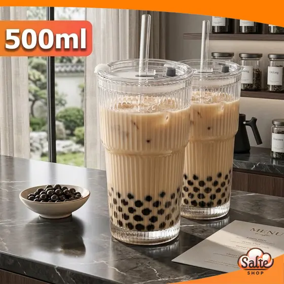 Copos de Vidro 500ml Groove Com Tampa e Canudo Vedação Hermética Reutilizável Drink Suco Água