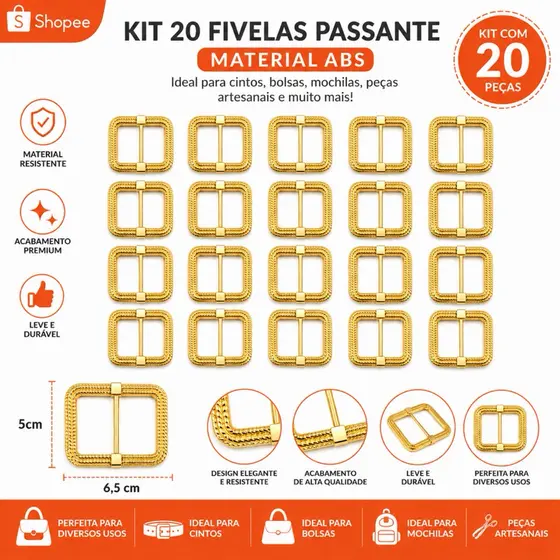 FIVELAS PASSANTE ABS DOURADA KIT DE 10 ou 20 UNIDADES