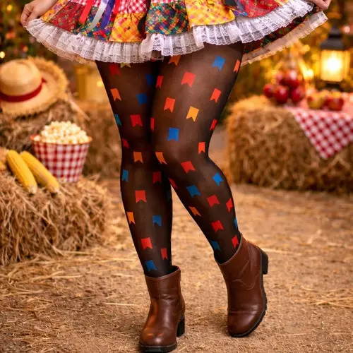 Meia Calça Junina Fina Fio 20 Plus Size Aplique Bandeirinhas Preto Único