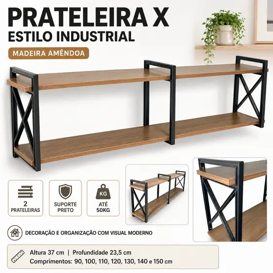 Prateleira Industrial X Madeira Amêndoa Suporte Preto 2 Nichos Multiuso 90 a 150cm