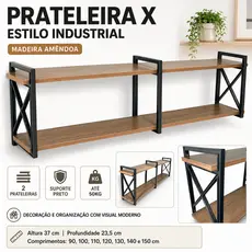 Prateleira Industrial X Madeira Amêndoa Suporte Preto 2 Nichos Multiuso 90 a 150cm